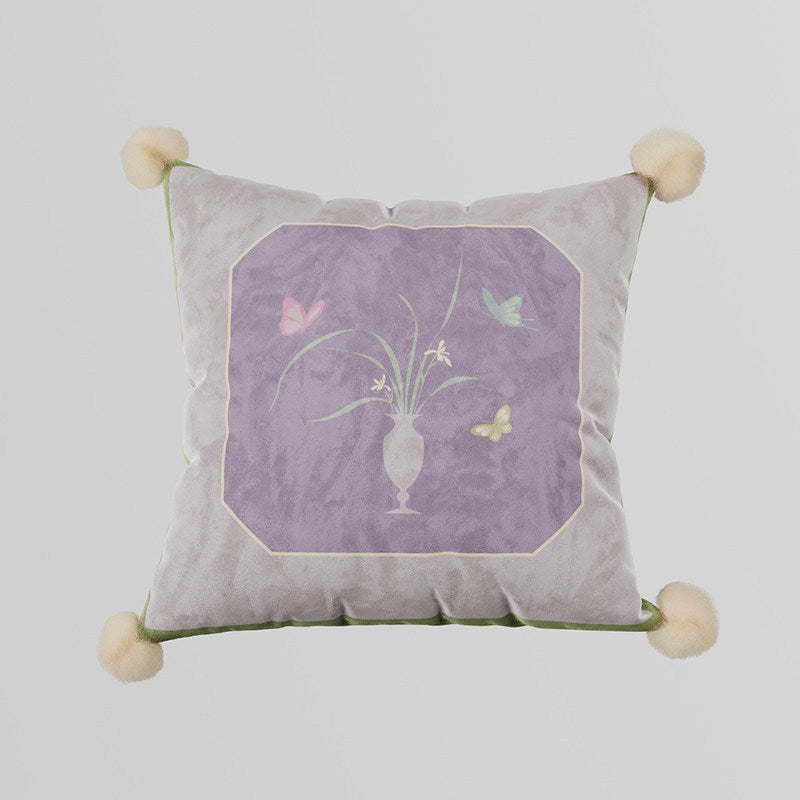 Decorative Velvet Throw Pillow Cover with Pom-Pom Corners and Botanical Butterfly Motif