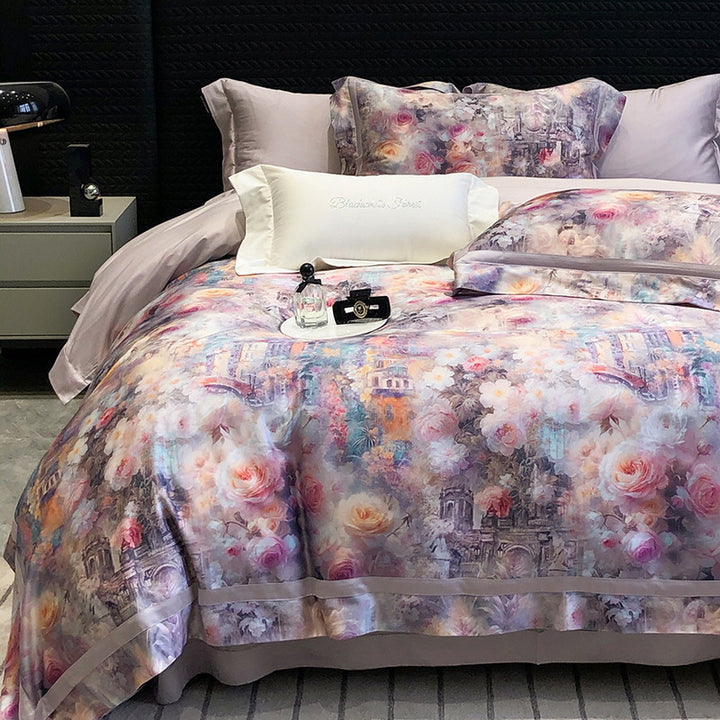 Satin-Feel Aquarell Floral Bettbezug Set mit Kissenbezügen