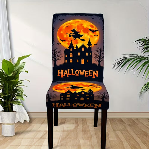 Elastische Stuhlhusse mit Halloween-Schloss und Hexenmotiv, dehnbarer Stuhlbezug für Rückenlehne und Sitz