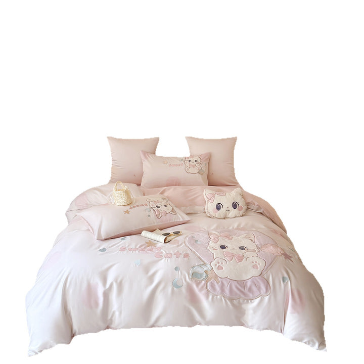 Mädchen-Bettwäschegarnitur im Kawaii‑Look mit Samt‑Applikation und bestickten Katzenmotiven