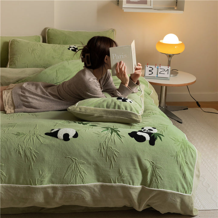 Baumwoll-Bettwäsche-Set mit Relief-Bambus und Panda-Tufting