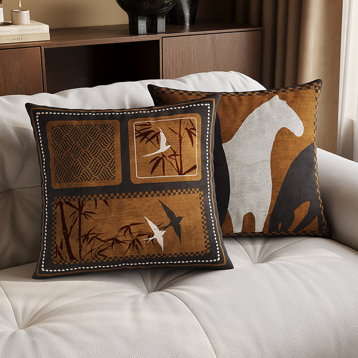 Decorative Patchwork Velvet Throw Pillow Cover with Asian-Inspired Scenic Panels and Metallic Gold Accents