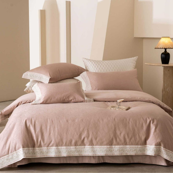 Jacquard-Texturiertes Baumwollsatin Bettwäsche Set mit Besticktem Rand und Kissenbezügen