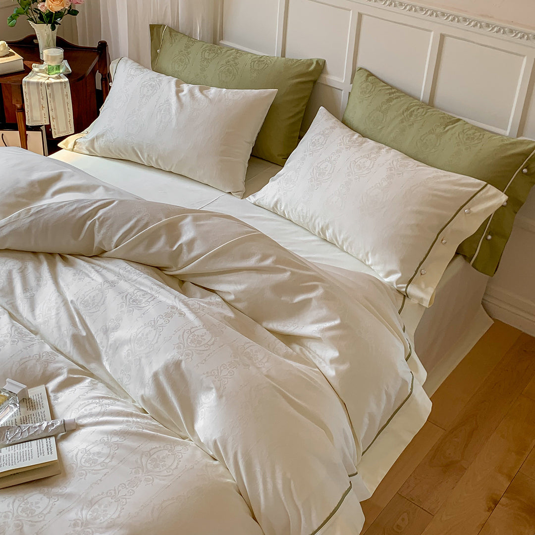 Premium Jacquard-Baumwoll-Satin Bettwäsche-Set mit subtiler Medaillon-Webart und Kontrastpaspel