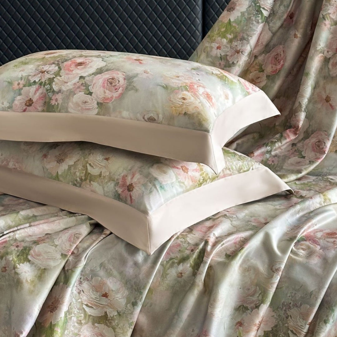 Seidene Blumen-Satin Bettbezug Set mit Satin Saum und Umschlagkissenbezügen