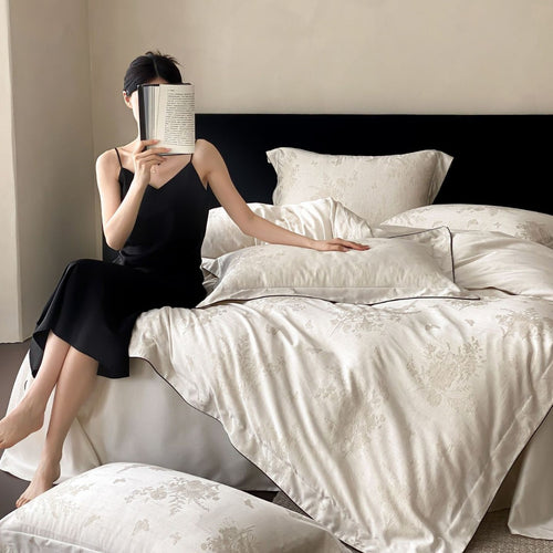 Jacquard-Baumwoll-Percale-Bettbezug-Set mit kontrastfarbener Paspel und Oxford-Kissenbezügen