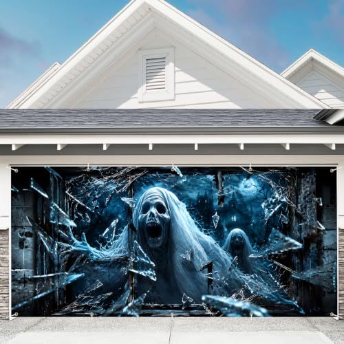 Großformatiger Halloween-Fotohintergrund aus wetterfestem Polyester mit geöstem Befestigungsrand und leuchtendem Haunted-House-Motiv
