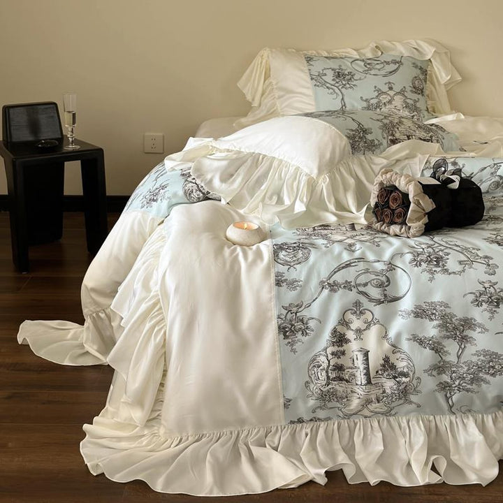 Rüschige Satin-Bettgarnitur im Vintage-Toile-Design mit Volant