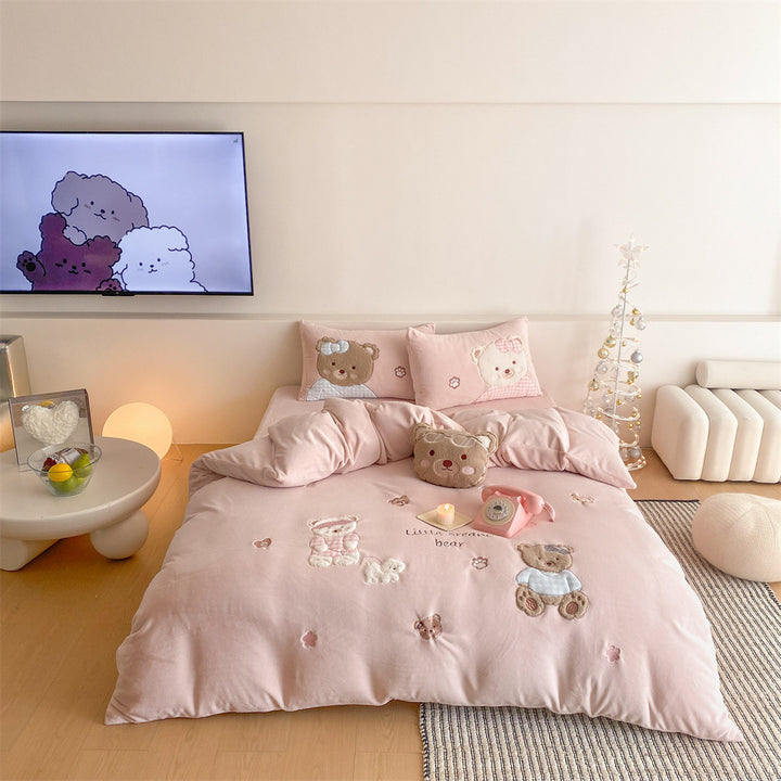 Kuschel-Bettwäscheset mit gestickten Teddybär-Motiven