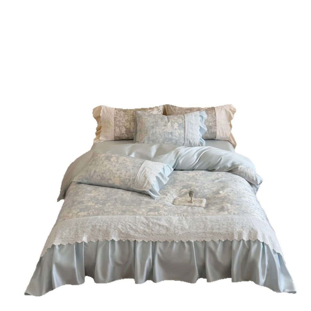 Luxuriöses Bettwäsche-Set aus Satin mit Spitzenbesatz und Volant