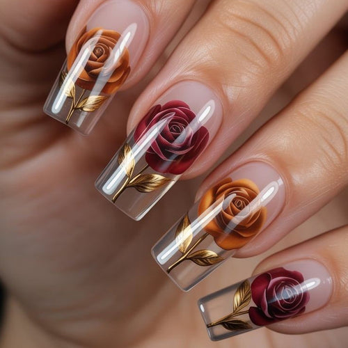 Elegante Kunstnägel mit Rosenmotiven Karnz