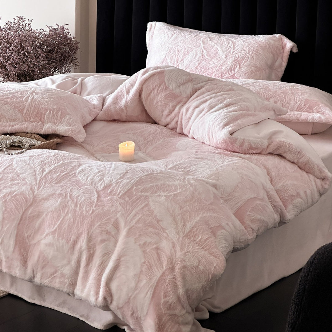 Plüsch Geprägt Blatt-Relief Fleece Bettbezug & Kissenbezug Set