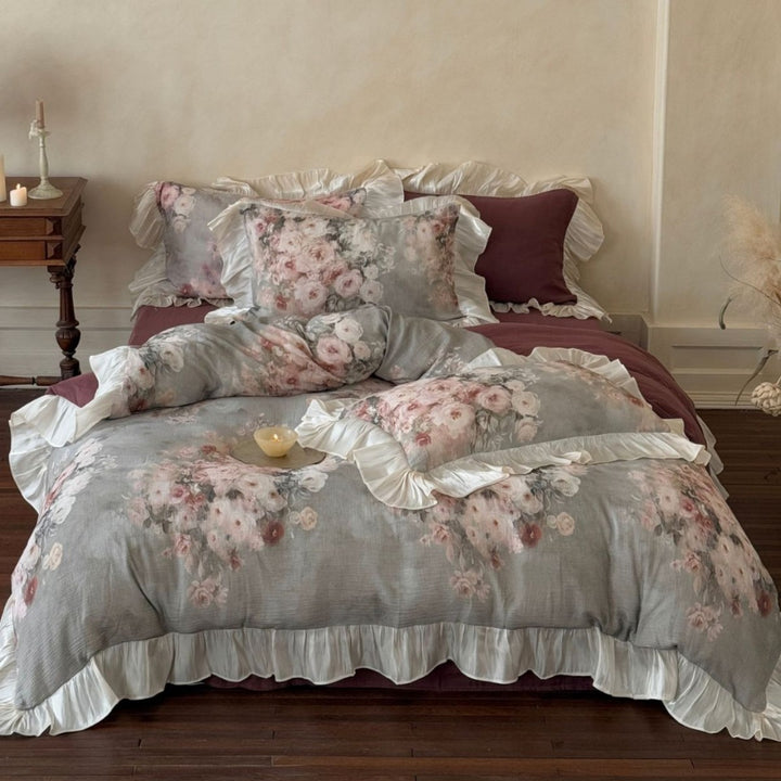Floral Ruffled Cotton-Linen Duvet Cover Set