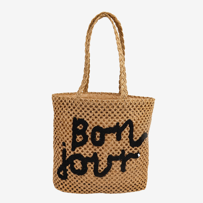Damen Handgefertigte Strohtasche mit trendy Schriftzug Karnz