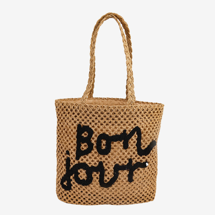 Damen Handgefertigte Strohtasche mit trendy Schriftzug Karnz