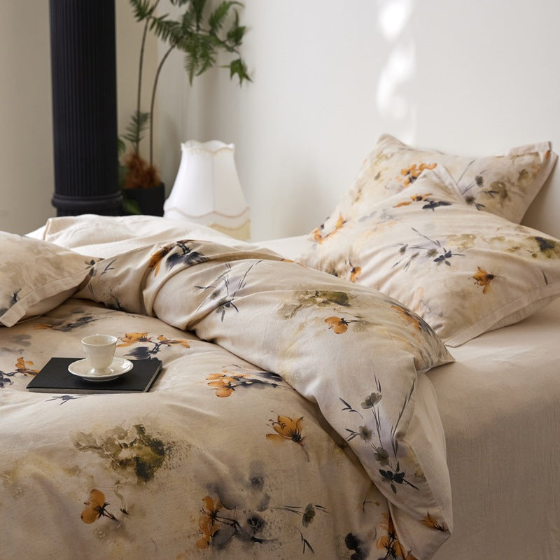Baumwoll-Perkal Bettgarnitur mit Aquarell-Blütenmuster und Hotelverschluss
