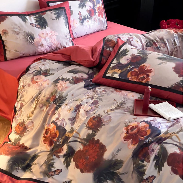 Luxuriöses Satin-Textur Blumen Bettbezug Set mit kontrastierender Bordüre und passenden Kissenbezügen