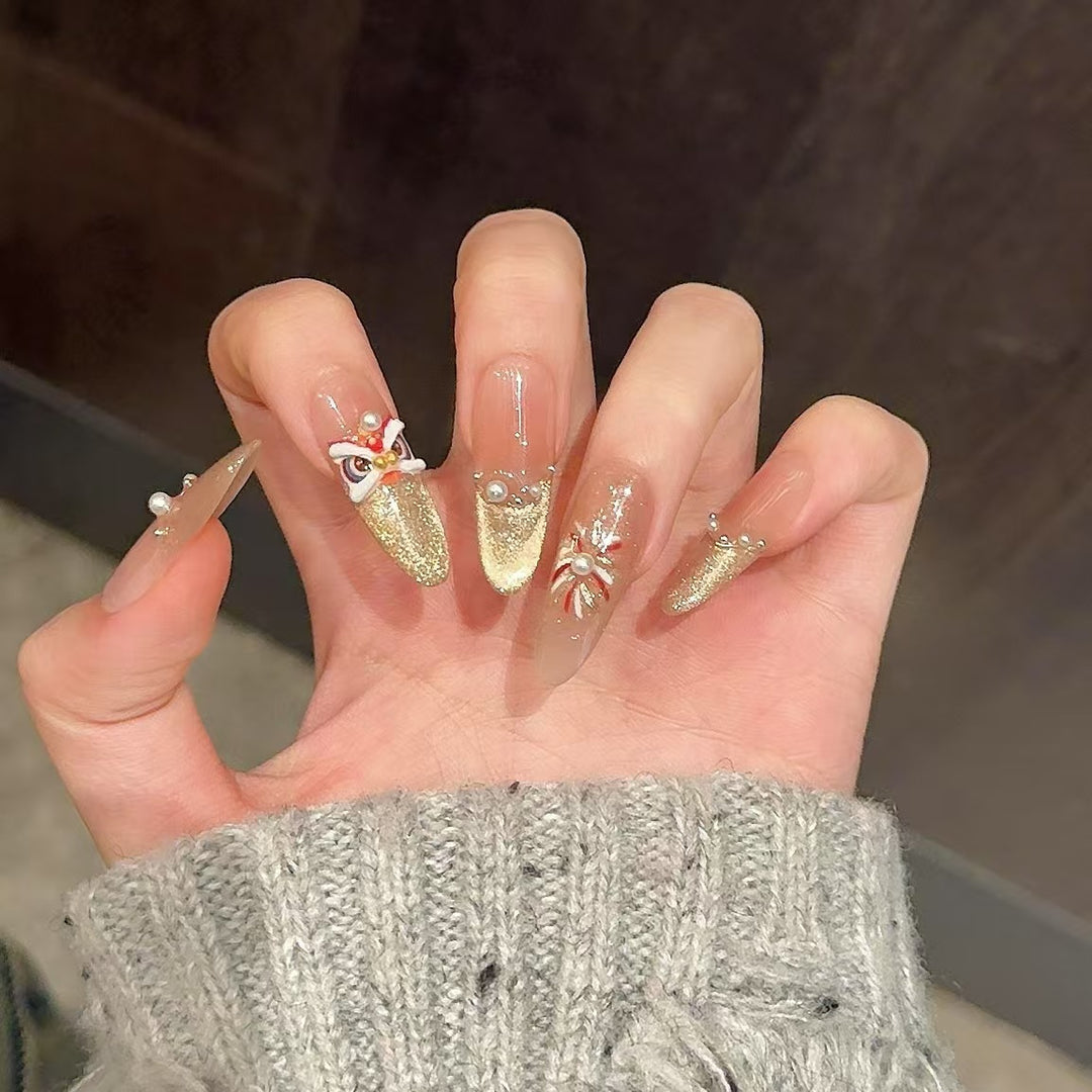 Dekoratives Press-On-Nagelkunstset mit 3D-Blumen- und Edelsteinakzenten