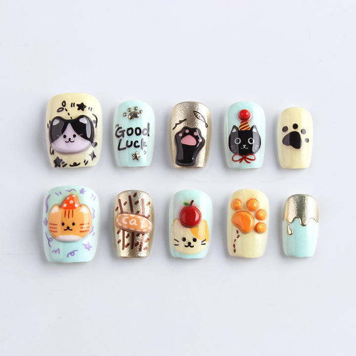 Verspielte katzenmotivierte Press-On Nagelkunst Karnz