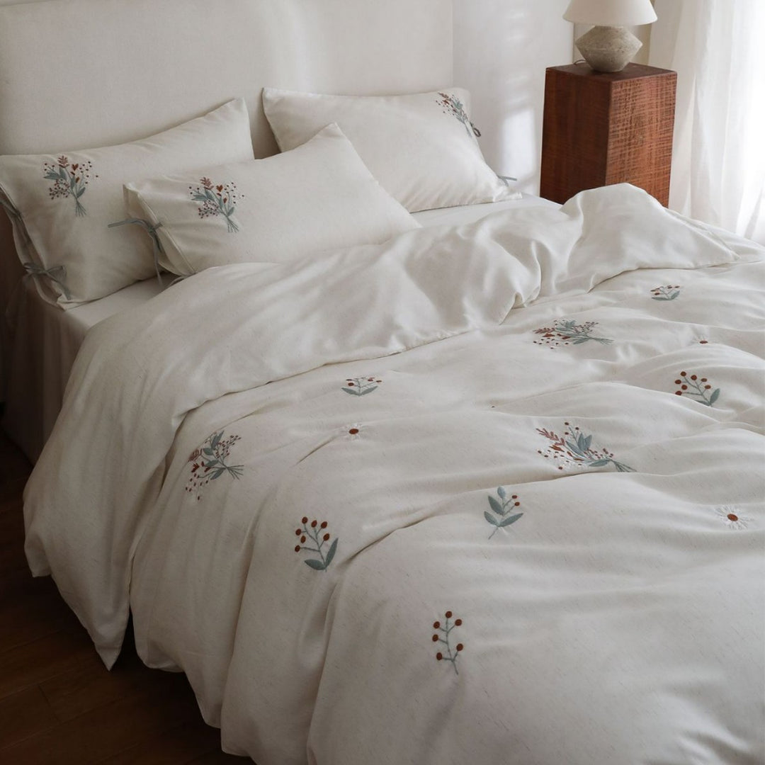 Washed Linen-Cotton Botanical Embroidered Duvet Cover Set with Tied Corner Shams