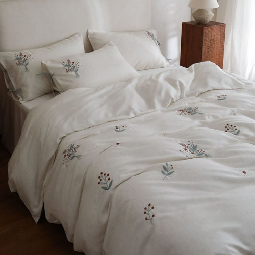 Washed Linen-Cotton Botanical Embroidered Duvet Cover Set with Tied Corner Shams