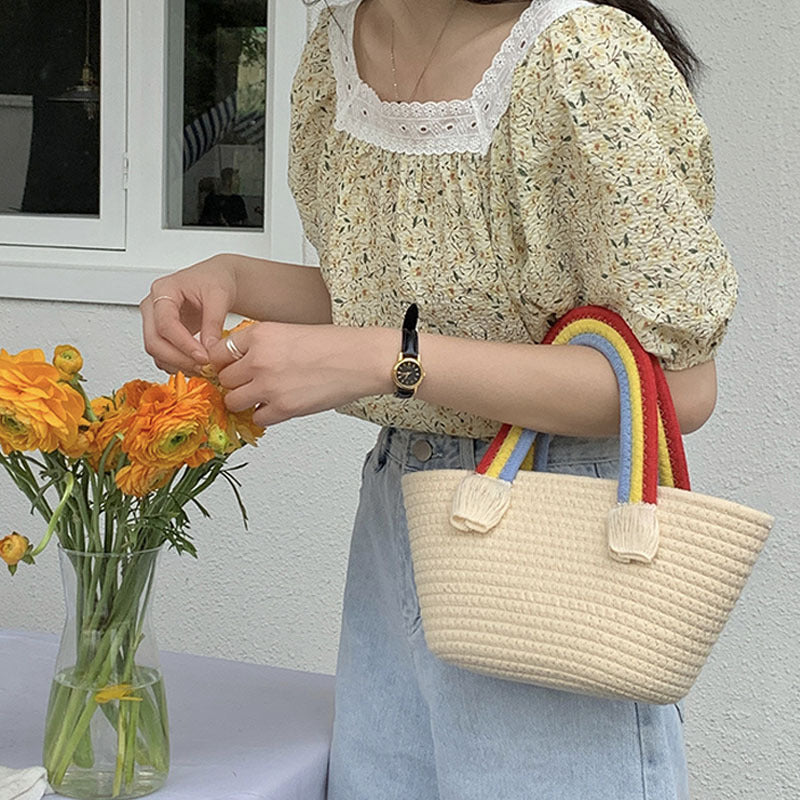 Damen Korbtasche mit buntem Regenbogenhenkel Karnz