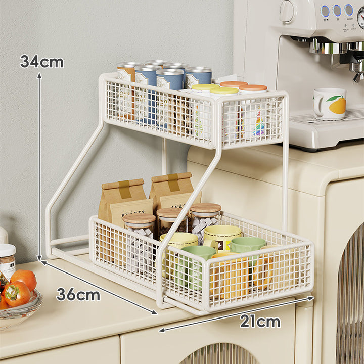 Dreiböckiger, schräger Metall-Mesh-Thekenregal-Organizer mit stapelbaren Drahtkörben