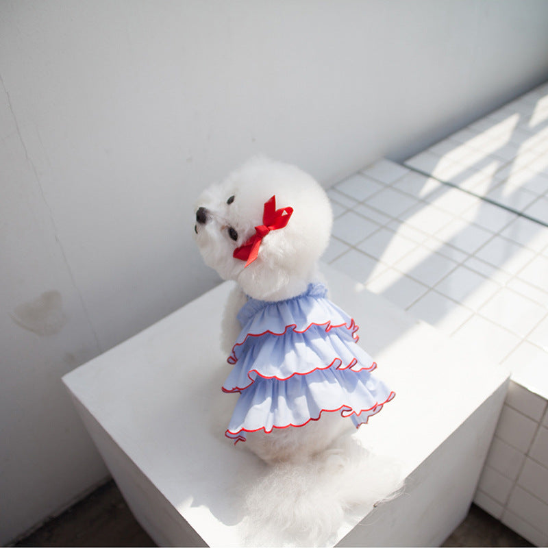 Schichtige Chiffon Rüschenträger-Hundekleid mit elastischem Rücken und Kontrastbesatz