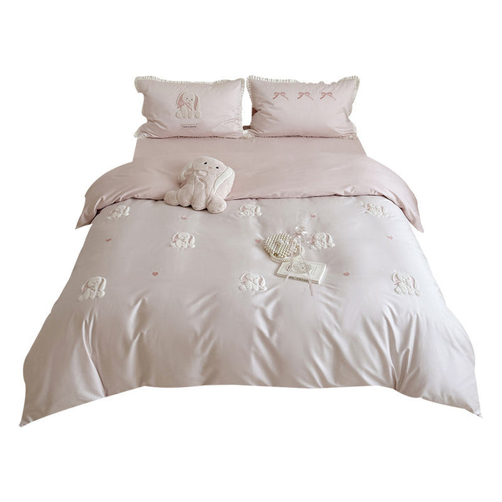 Bestickte Bunny-Applikation Baumwollsatin Bettbezug Set mit rüschigen Kissenbezügen