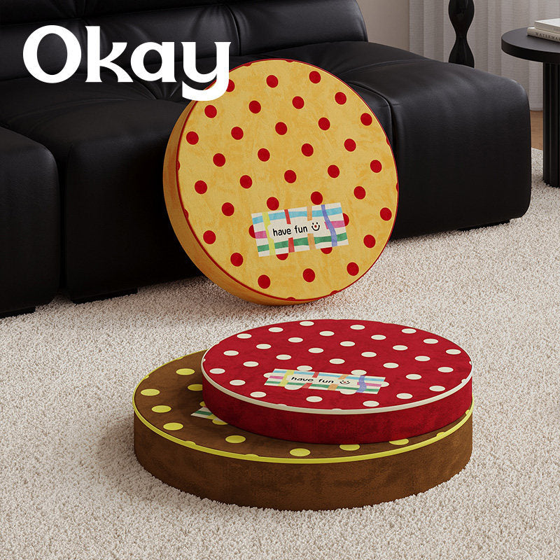 Round Plush Floor Cushion Pouf with Polka Dot Texture and Playful Have Fun Patch