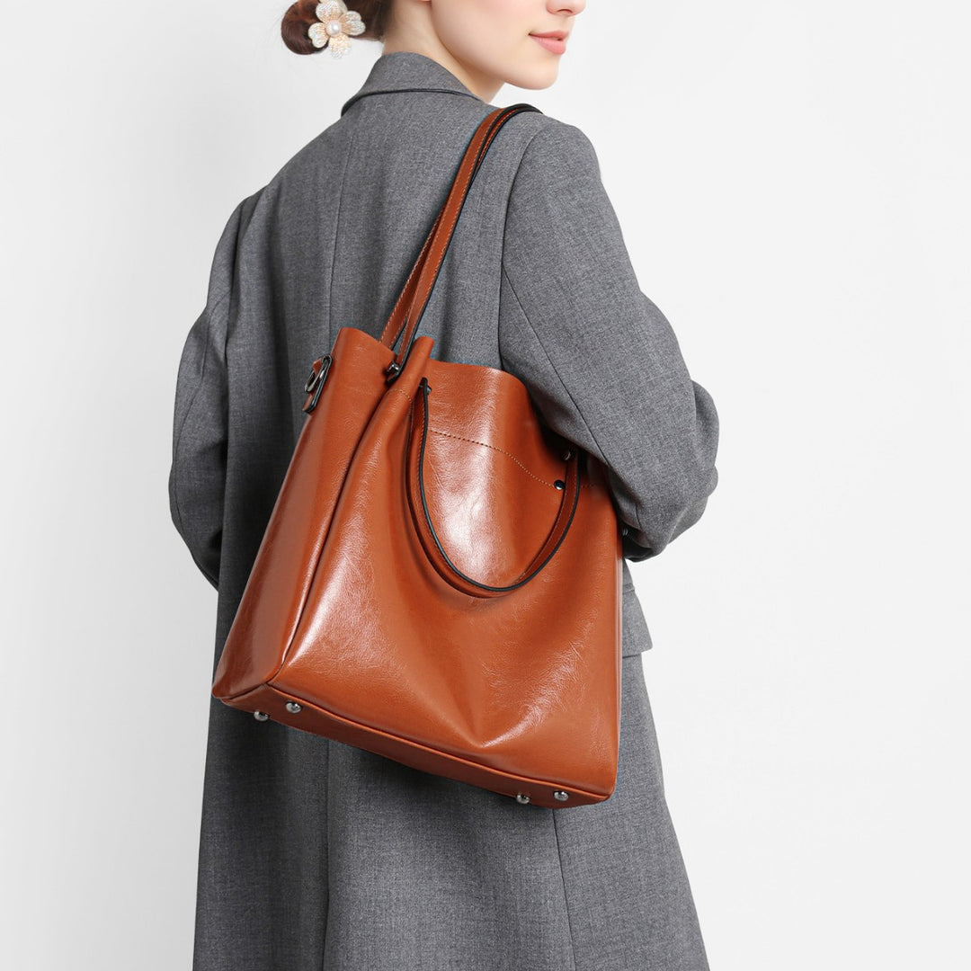 Strukturiert Glänzendes Leder-Look Große Schultertasche mit Doppelte Oberhandgriffe