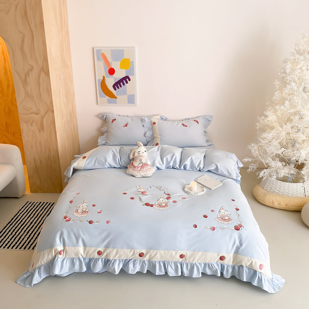 Rüschengesticktes Bunny Baumwollsatin Bettbezug Set mit Kissenbezügen
