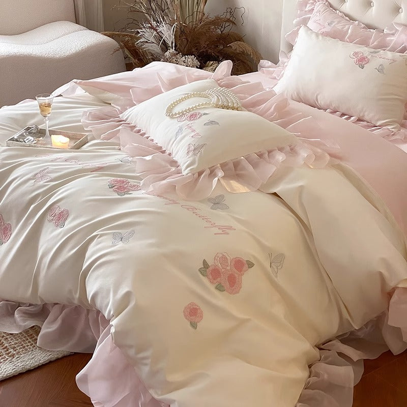 Rüschen Satinbesatz Bestickte Rose Bettbezug Ensemble