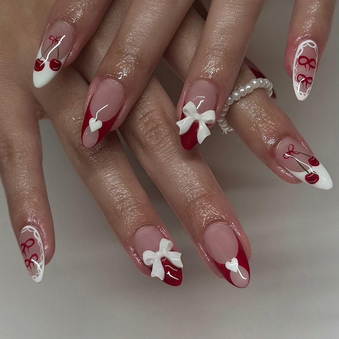 Dekoratives Press-On Nagelkunstset mit 3D-Schleifen- und Kirschdesigns Karnz