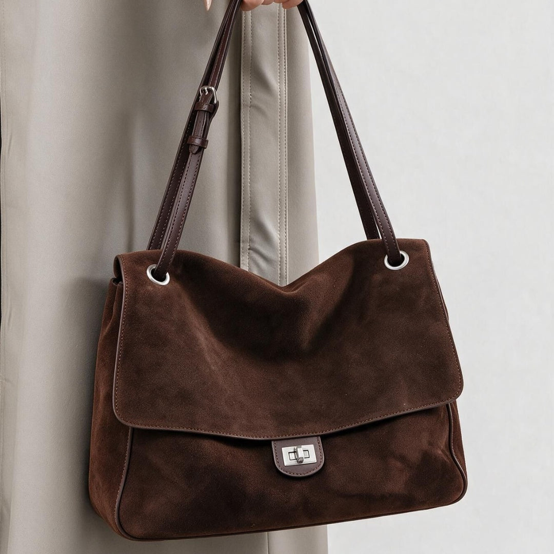 Suede Schulter Tote Bag mit Klappe und Drehverschluss