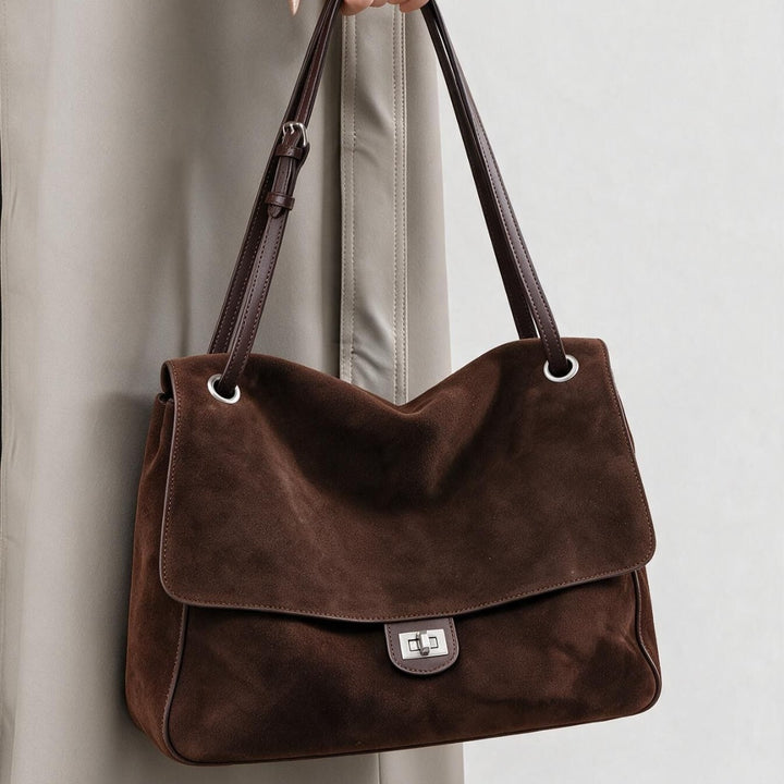 Suede Schulter Tote Bag mit Klappe und Drehverschluss