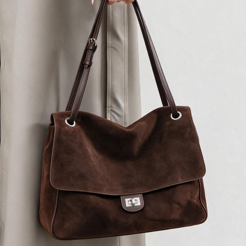 Suede Schulter Tote Bag mit Klappe und Drehverschluss