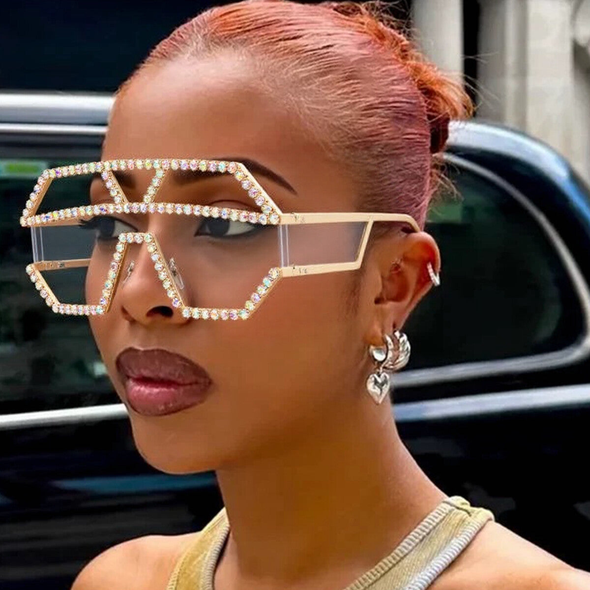 Damen stilvolle Sonnenbrille mit geometrischem Rahmen und Strassverzierung Karnz