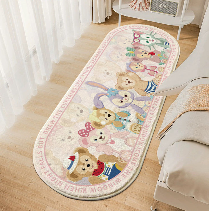 Plush Oval Runner Rug with Cute Cartoon Bear & Friends Print