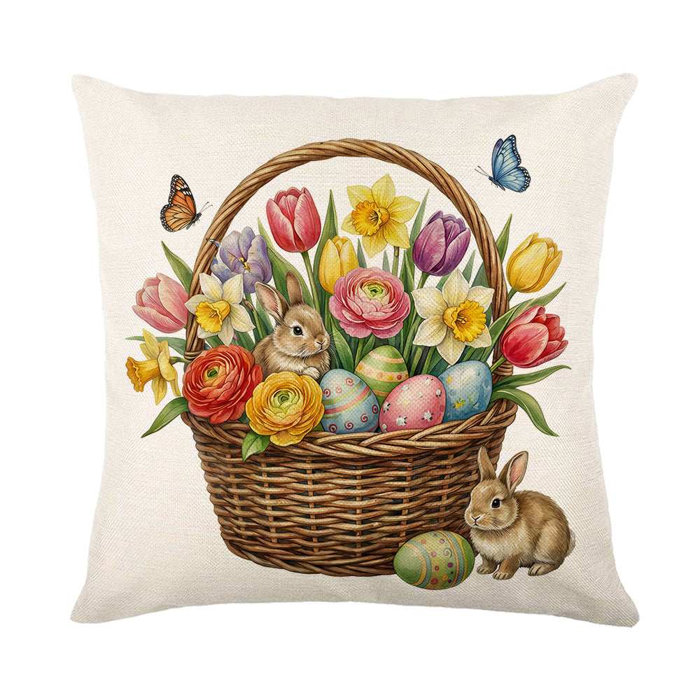 Oster Garten Aquarell Hase Stiefel Illustriert Leinen-Textur Quadrat Wurfkissenbezug