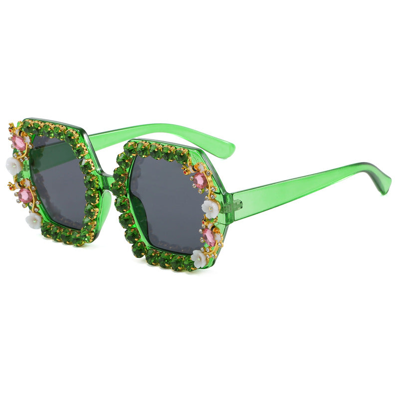 Damen extravagante Hexagon-Sonnenbrille mit Kristallverzierung Karnz
