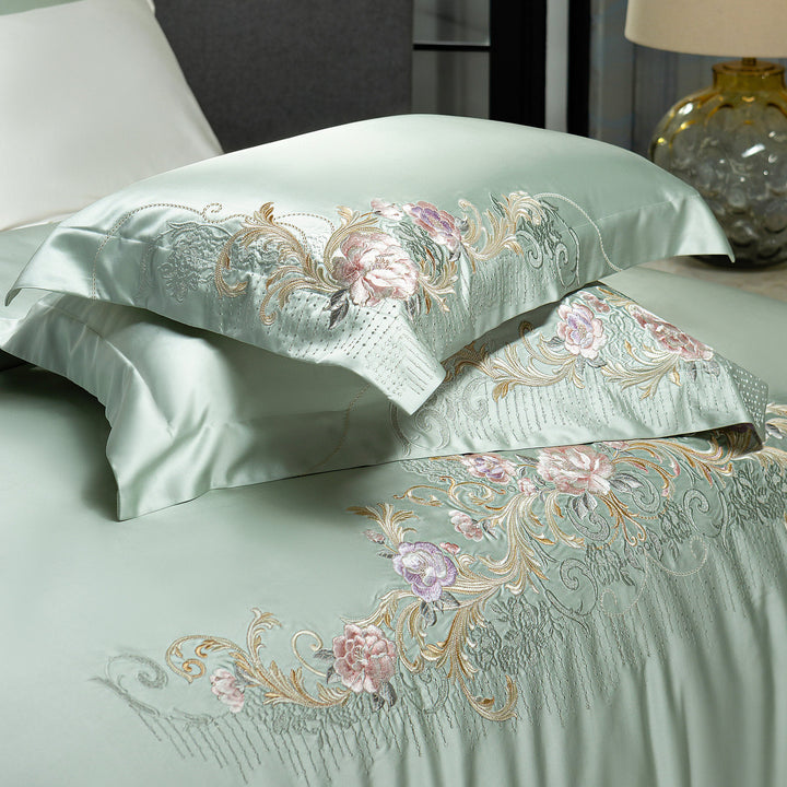 Seidenlook botanisch gestickte Bettdeckenbezug Ensemble mit dekorativem Kissen und Euro Kissenbezügen