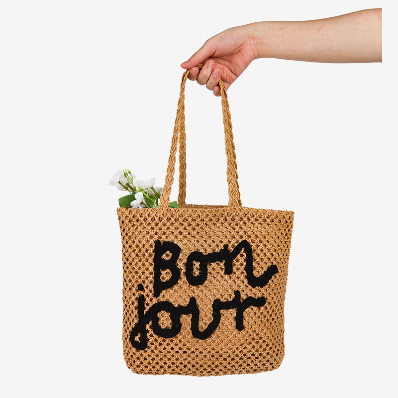 Damen Handgefertigte Strohtasche mit trendy Schriftzug Karnz