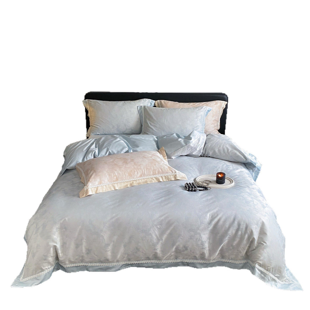 Luxuriöser Satin-Jacquard Bettbezug Set mit Spitzenbesatz Kissenbezügen