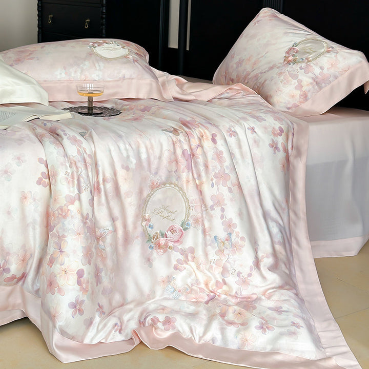 Botanical Micro-Satin Kühl Bettbezug Set mit Bestickten Rosenkranz Kissenbezügen