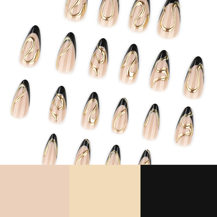 Kunstvolle Stiletto-Nägel mit elegantem Gold-Design Karnz