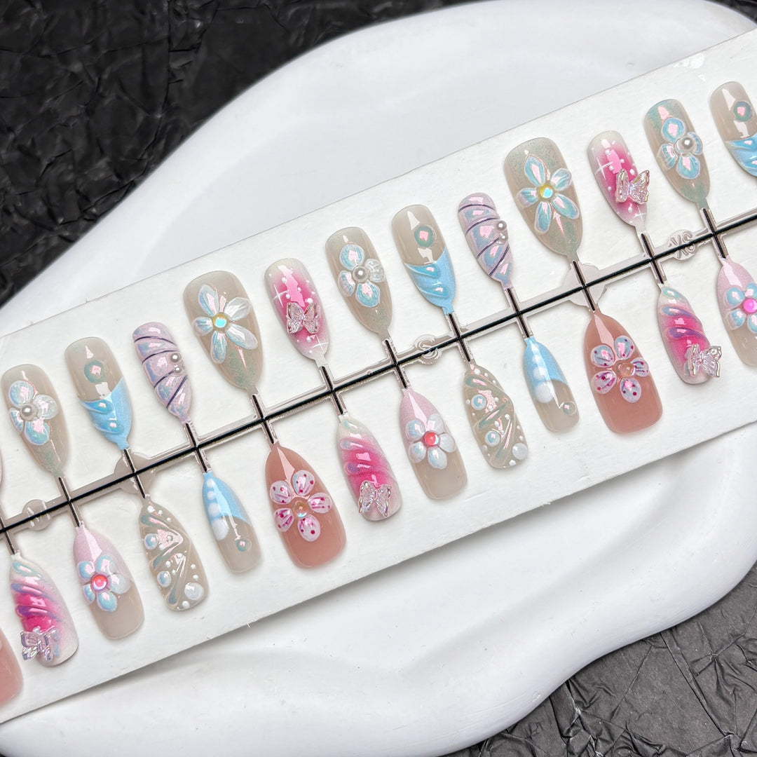 Künstlerisches Blumendruck-Press-On-Nagelset 1790746209