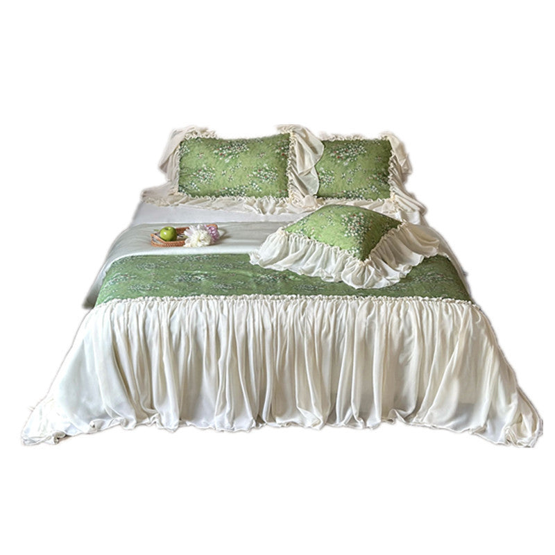 Romantisches Landhaus-Bettwäsche-Set mit floralem Druck, Chiffon-Rüschensaum & gerafftem Bettrock