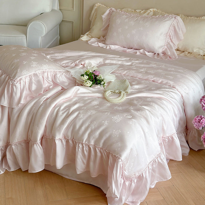 Elegantes Satin-Bettwäsche-Set mit Jacquard-Blumenmuster und Rüschen
