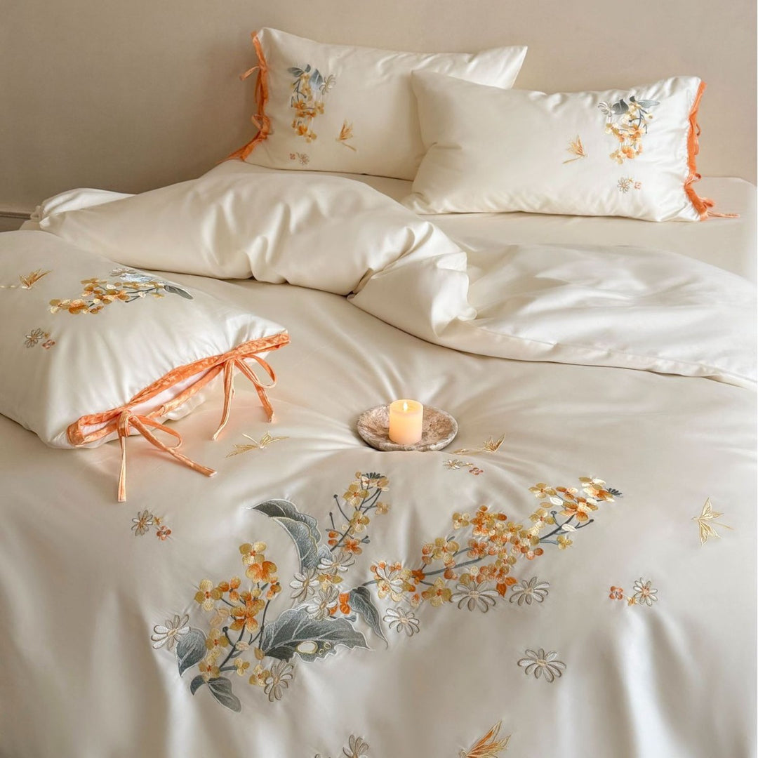 Botanisches gesticktes Satin-Bettbezug-Set mit Bandbindung-Kissenbezügen